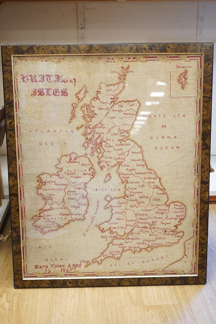 A 19th century red and green cross stitch sampler of The British Isles, by Mary Tyler aged 12 years. 65cm high x 52cm wide